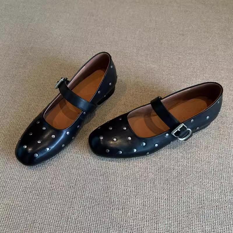 Cowhide Shoes French Mary Jane Shoes Women's Versatile Leather Round Head with Rivets Flat Bottom Shallow Mouth Single Shoes