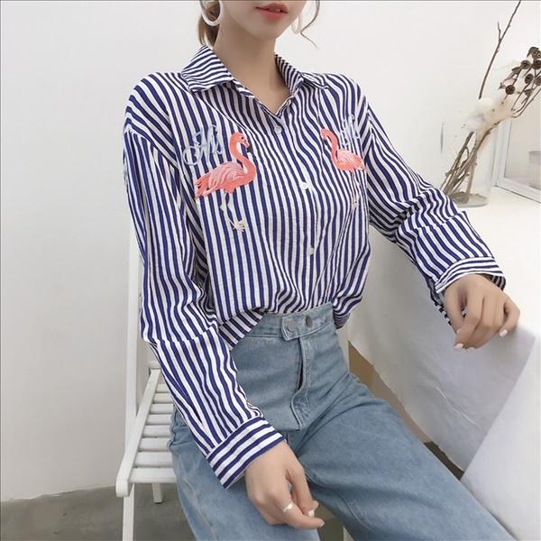 Spring Women Shirts Flamingo Embroidery Blouse Blue Striped