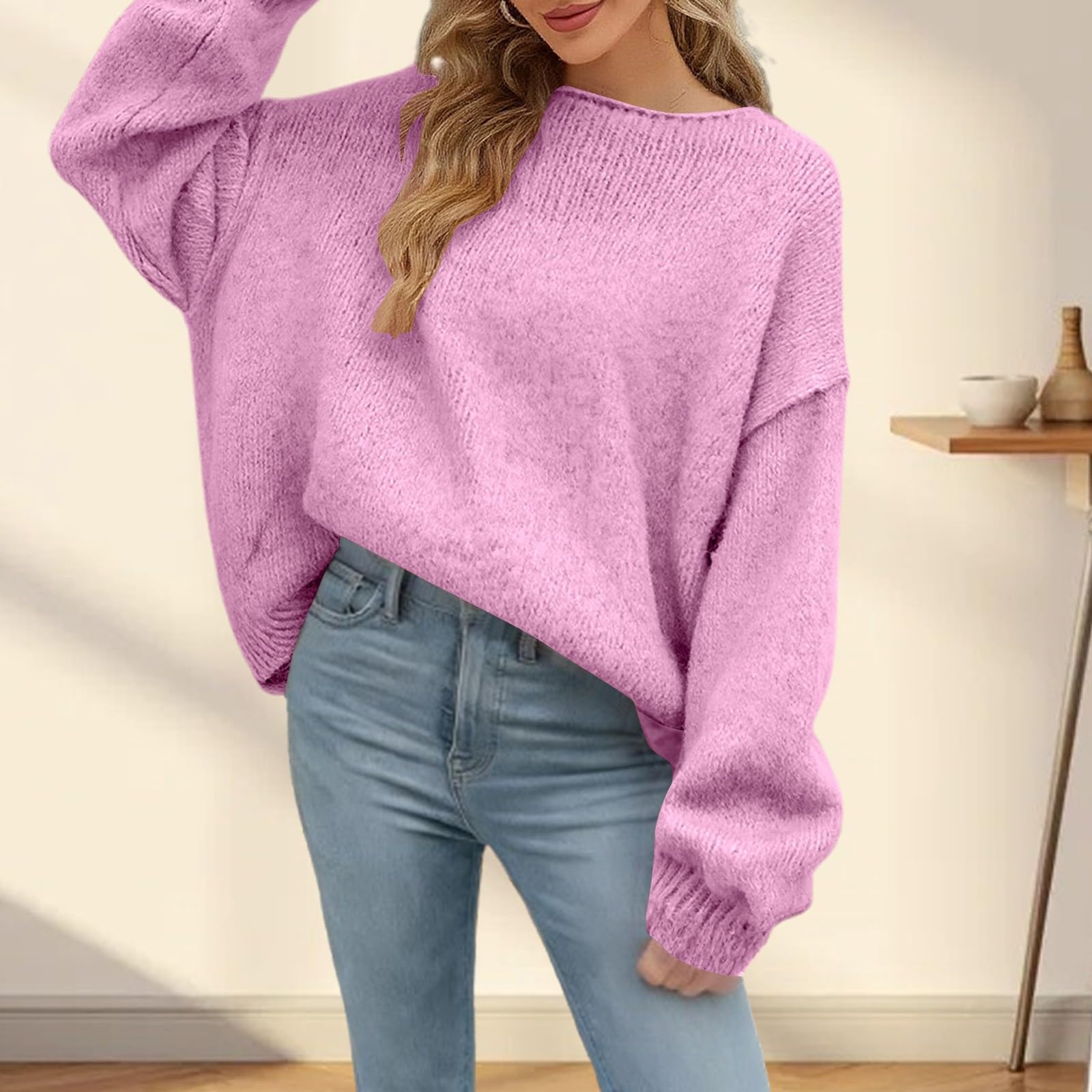 

Women s Fashion Casual Round Neck Long Sleeve Knitted Cashmere Sweater Pullover Top XL светло-розовый