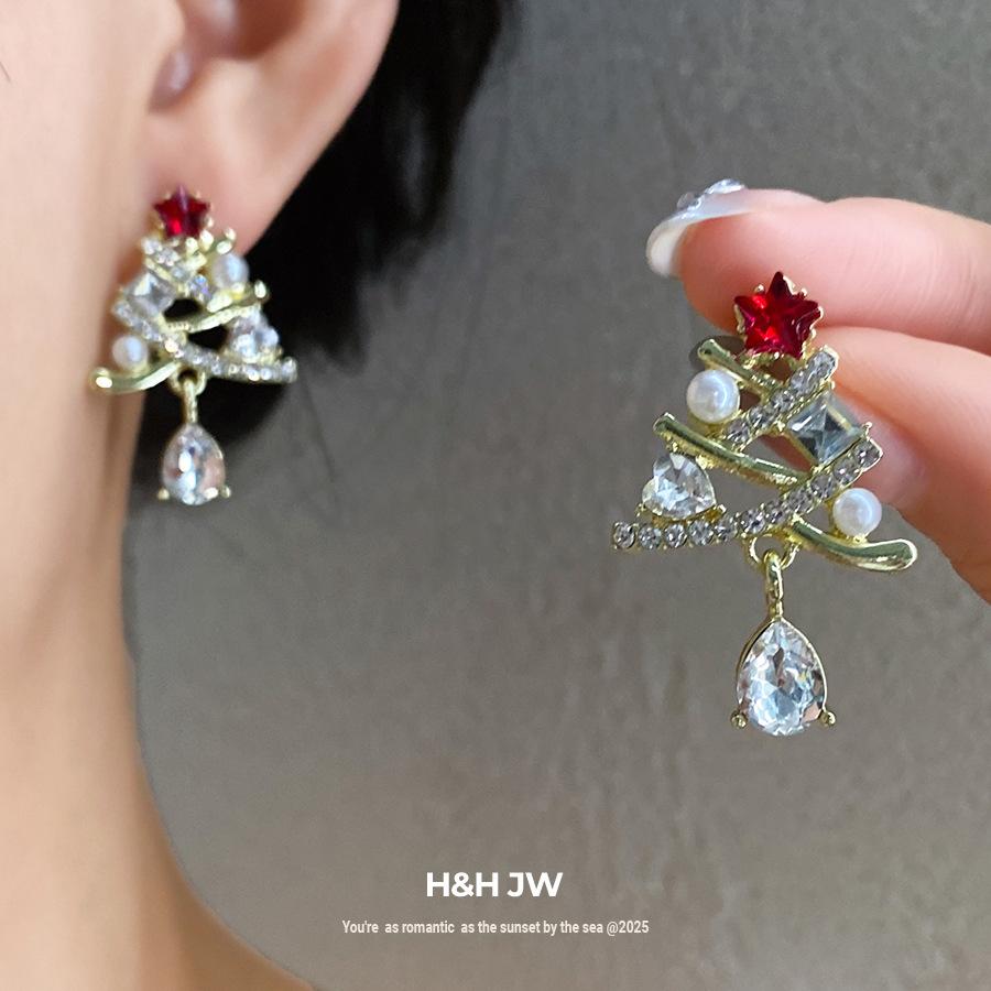 Silver Needle Christmas Tree Diamond Pearl Stud Earrings New Fashion Earrings Niche Design Christmas Earrings