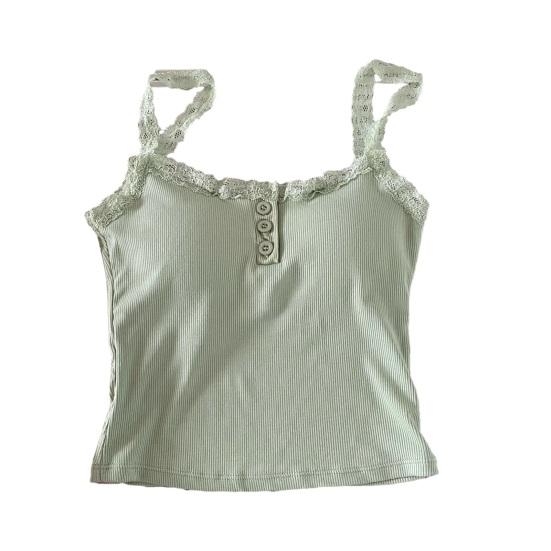 Women Sling Vest Pure Color Lace Splicing Bottom Tops with Built-in Chest Pad Soft Stretchy Camisole Work Party Vacation Wear