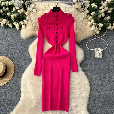 Frühling Herbst Damen Elegant Stehkragen Gestrickter Pullover Büroarbeit Lang Midi Slim Etuikleider