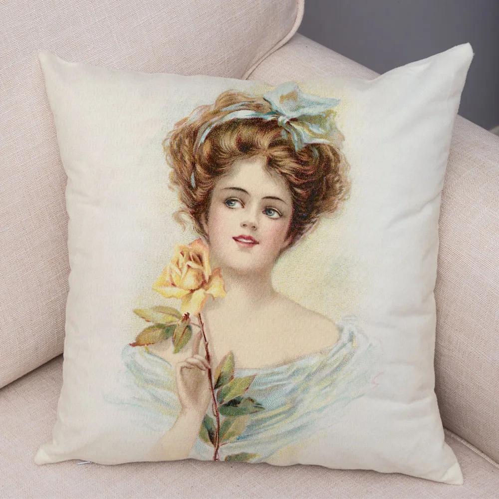 European Lady Cushion Cover Decor Vintage Style Elegant Women Print Pillowcase for Sofa Home Car Soft Plush Pillow Case 45x45cm