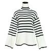 Women Fall Winter Turtleneck Long Sleeve Knit Striped Slit Loose Sweater