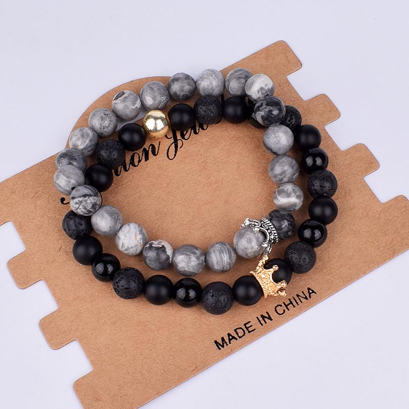 2pcs Charm Paired Bracelets Men Sets Crown Women's Bracelets Natural Stone Beads Wristband Couple Bracelet Gifts Friends Jewelry