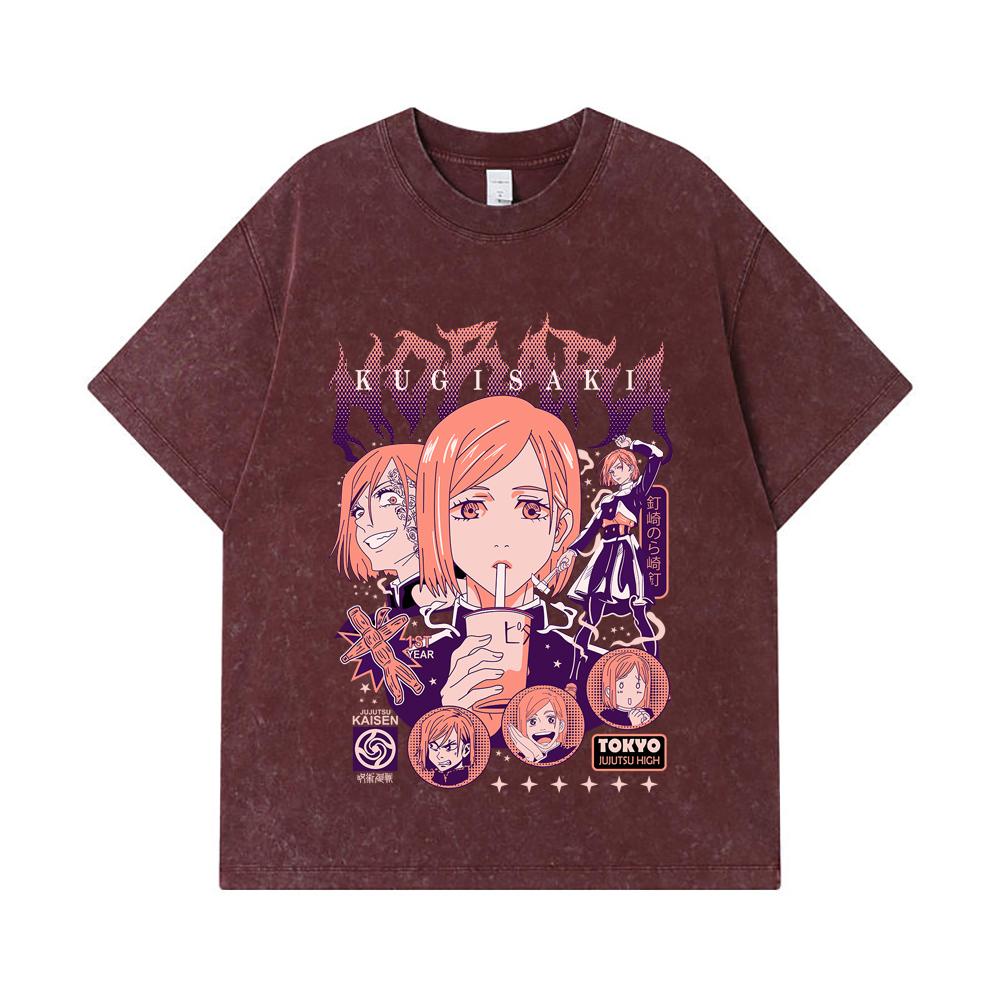 275 GSM Washed T-shirts 100% Cotton Jujutsu Kaisen V16 Nobara Print Unisex Heavy Cotton T Shirt