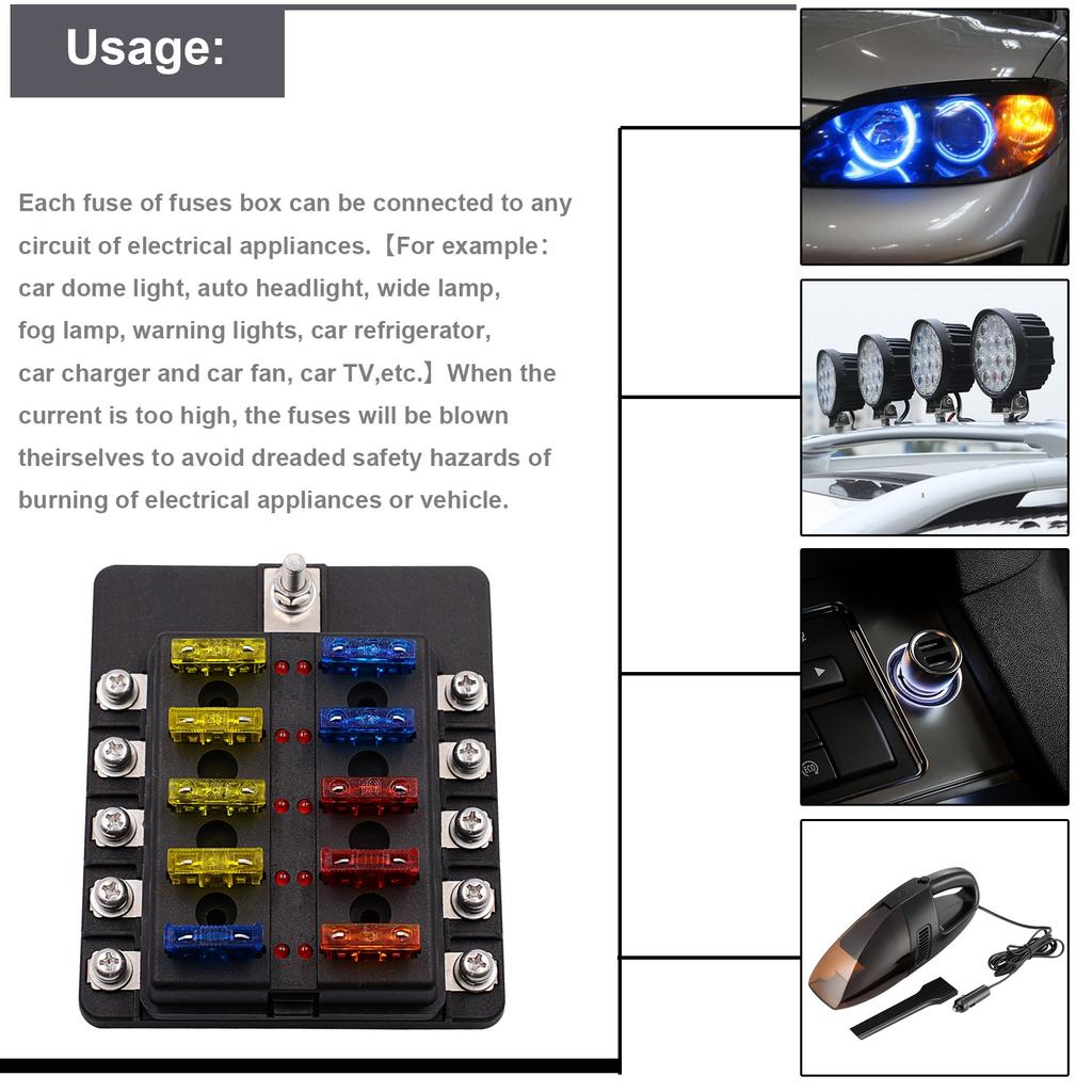Universal 10 Way Fuse Box Block Fuse Holder Box Car Vehicle Circuit Automotive Car Fuse Accessory Tool