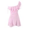 European and American style pink sweet single shoulder irregular multi-layer dress women's summer new slanted shoulder lace-up dress short dress