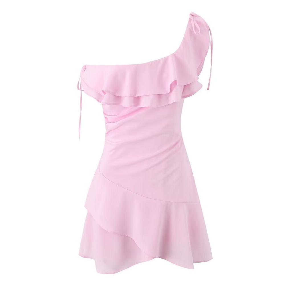 European and American style pink sweet single shoulder irregular multi-layer dress women's summer new slanted shoulder lace-up dress short dress