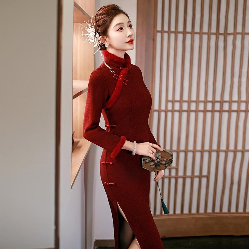 Womens Long Sleeve Knit Velvet-Lined Cheongsam Dress Winter Warm Retro Style Modest Elegant Outfit Holiday