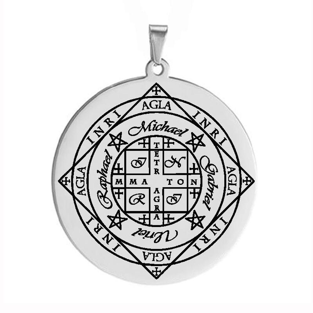 Magic Symbol Seal Wheel of Fortune and Archangel Protection Pendant Necklace
