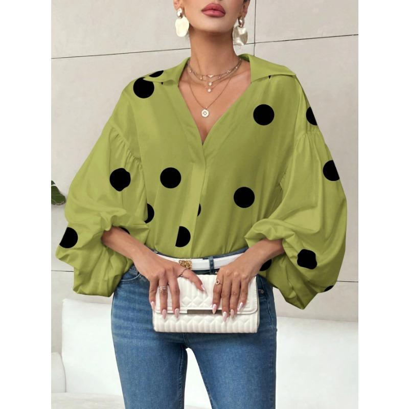 DAFIFY Mote Casual Vår Høst Polkadotter Trykk Langermet POLO Hals Bluser & Skjorter for Kvinner