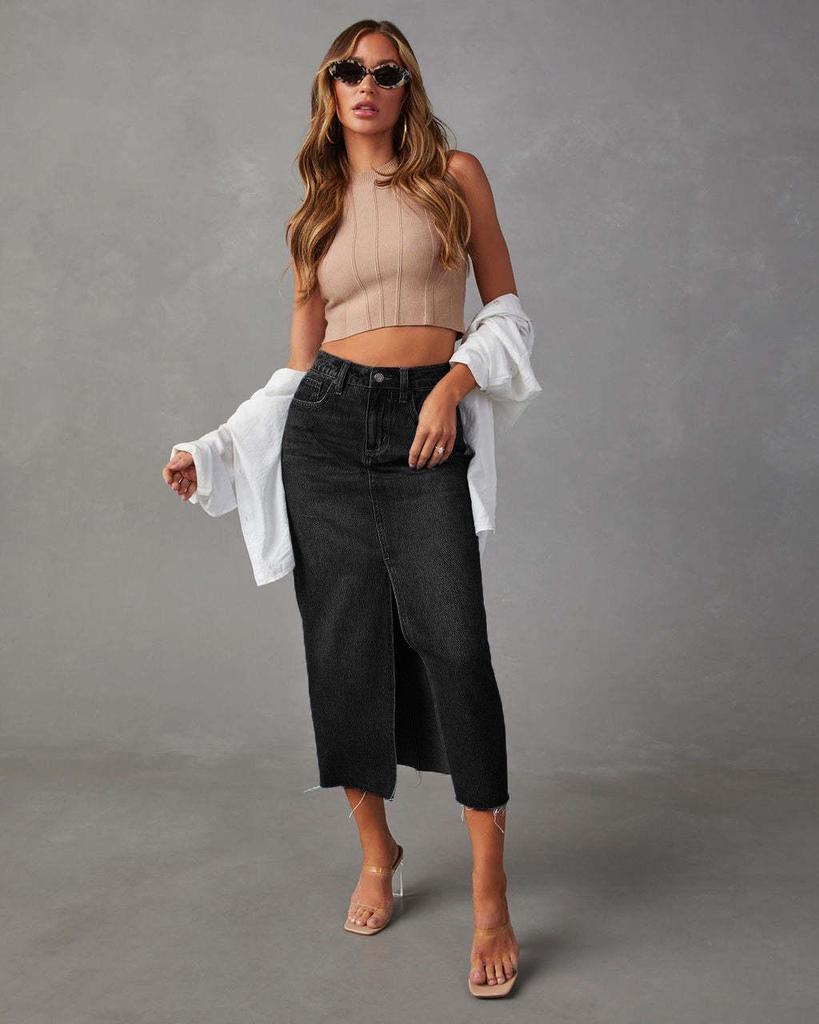 2024 Women's High Waist Washed Denim A-line Midi Skirt In European and American Style