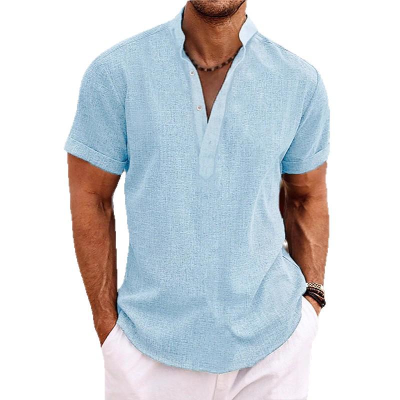 Men's Casual Stand Collar Short Sleeve Shirt, Breathable and Sweat-Wicking, Solid Color, Customizable Logo.