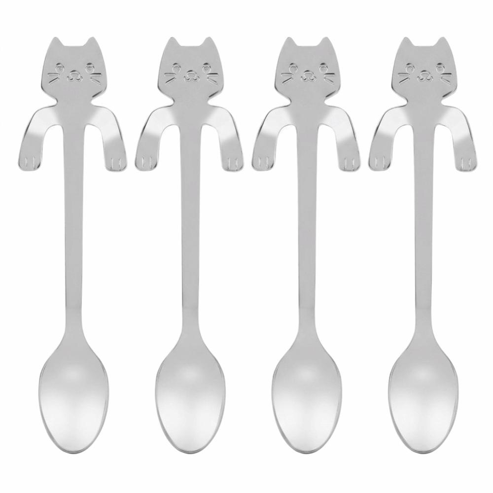 4Pcs Cute Rustless Steel Mini Spoon Polished Ergonomic Handle Table Spoon Smooth Cat Shaped Coffee Spoon Daily Use
