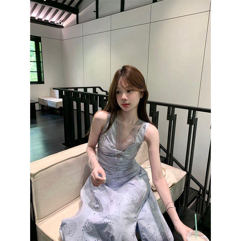 Kumikumi Holiday Style Blue Lace Stitching Temperament Sling Dress Women Summer Waist Hugging Pleat A- Line Skirt