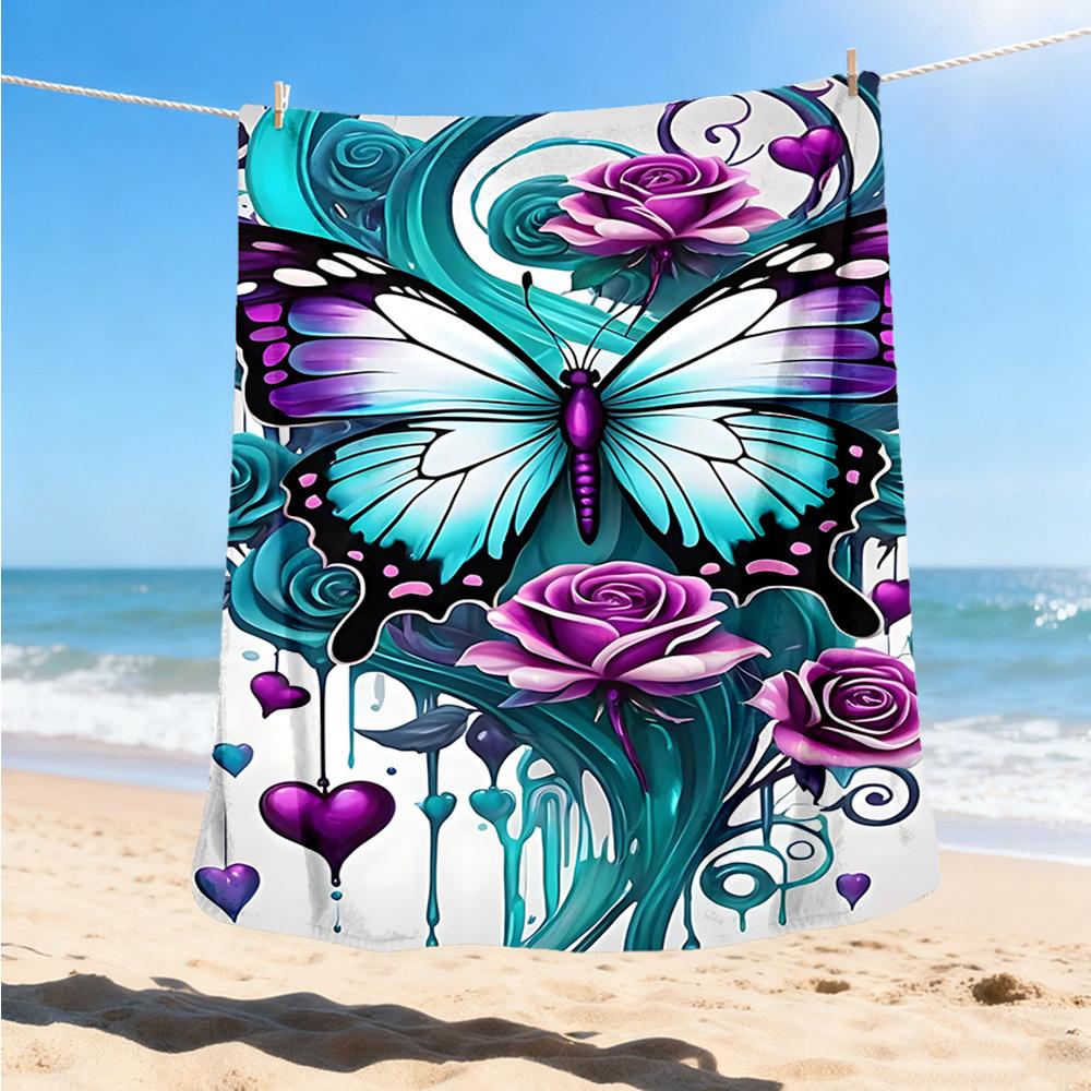 1pc Butterfly Roses Heart Outdoor Flannel Blanket Soft All Season Polyester Throw , Perfect for Picnics & Travel , Picnic Accessory