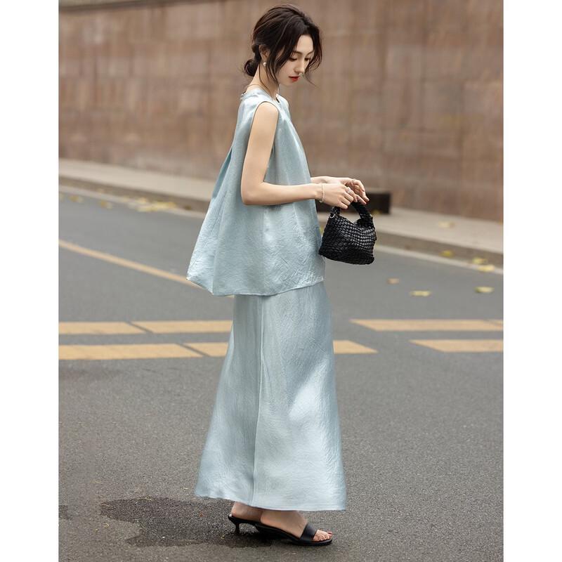 Demana Women's 100% Acetate Sleeveless Top & Satin Skirt Set