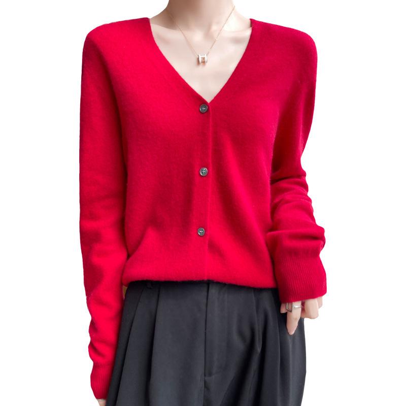 Autumn/Winter 2023 Women's Pure Wool Knit Cardigan Coat with V-Neck and Long Sleeves.
