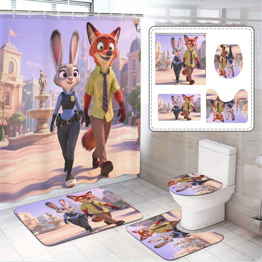 4pcs Official Disney Zootopia Bathroom Collection: Waterproof Shower Curtain with All Characters, 4-Piece Set