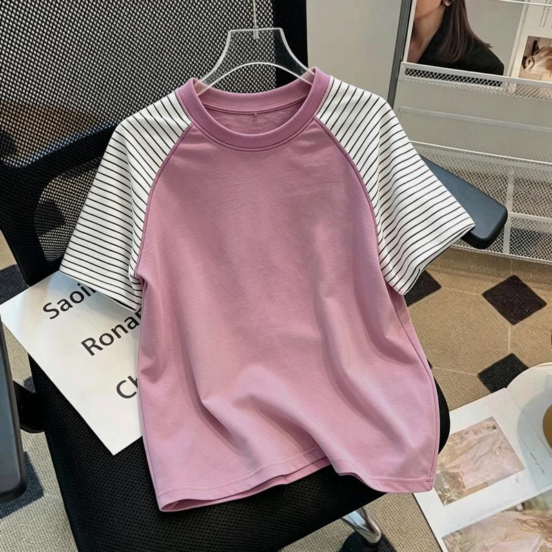 Girls' Trendy Patchwork Striped Cotton T-Shirt - Summer Short-Sleeve Round Neck for Medium & Large Sizes