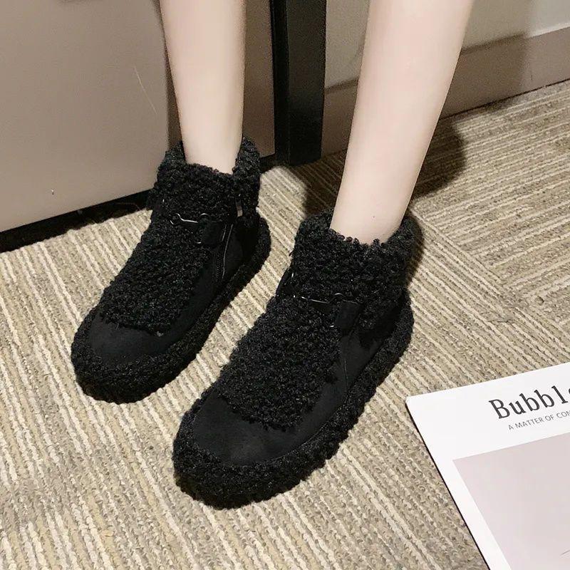 Korean version of snow boots women's 2025 new autumn and winter lamb wool short boots women's zipper thick-soled warm thickened cotton shoes cotton b