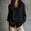 Women's Casual Long Sleeve Hooded Shirt with Drawstring, Wooden Buttons and Patch Pockets - Loose Fit