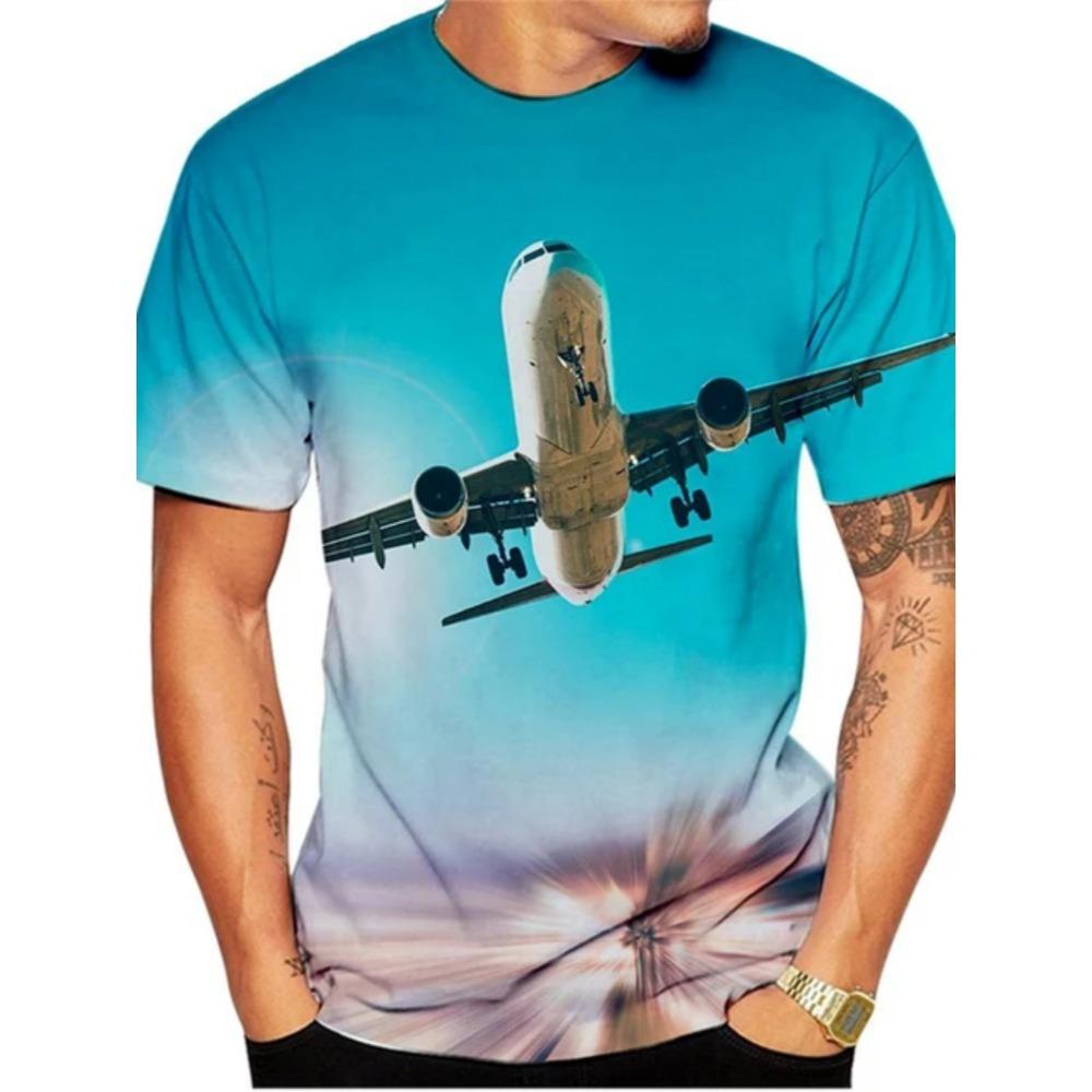 Simple Fashionable Airplane Graphic 3d Printed T-shirts Men Summer Loose Comfortable Plus Size Short Sleeved T-shirts