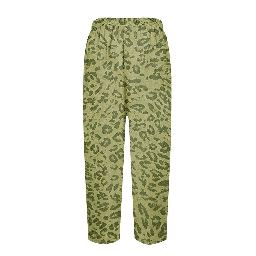 Women's Leopard Print Casual Pants with Elastic Waistband and Side Pockets