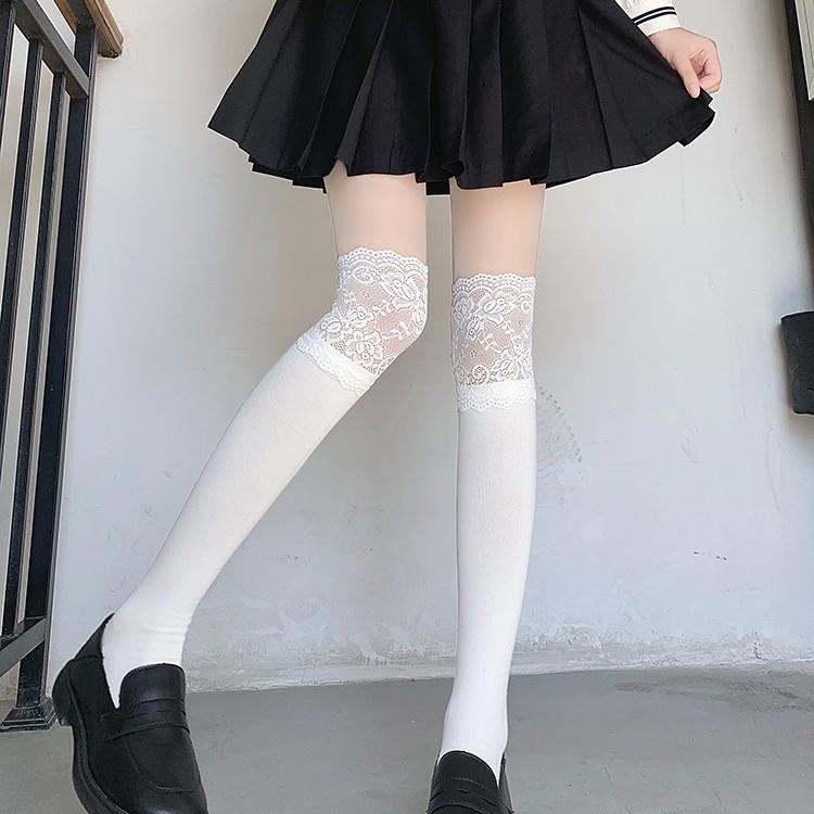 White Lace Calf Socks Women'S Lolita Medium Long Over Knee Socks With High Boots Sweet Thigh Pile Socks