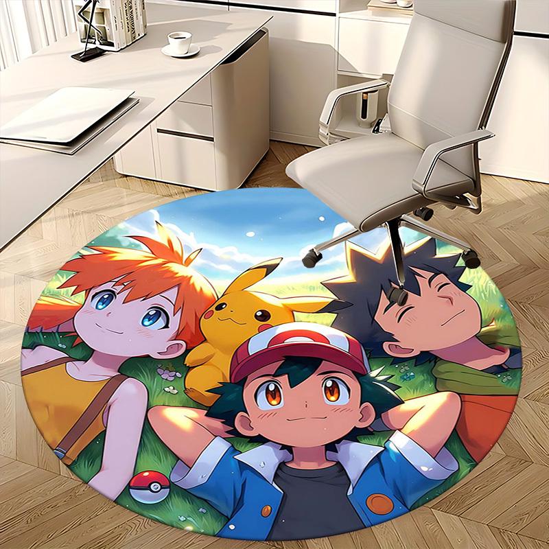 1 szt. Okrągły dywanik Pokémon Pikachu i Przyjaciele - Mata na krzesło z motywem anime, Prezent do biura, Dekoracja sezonowa, Nadaje się do domu, Salonu
