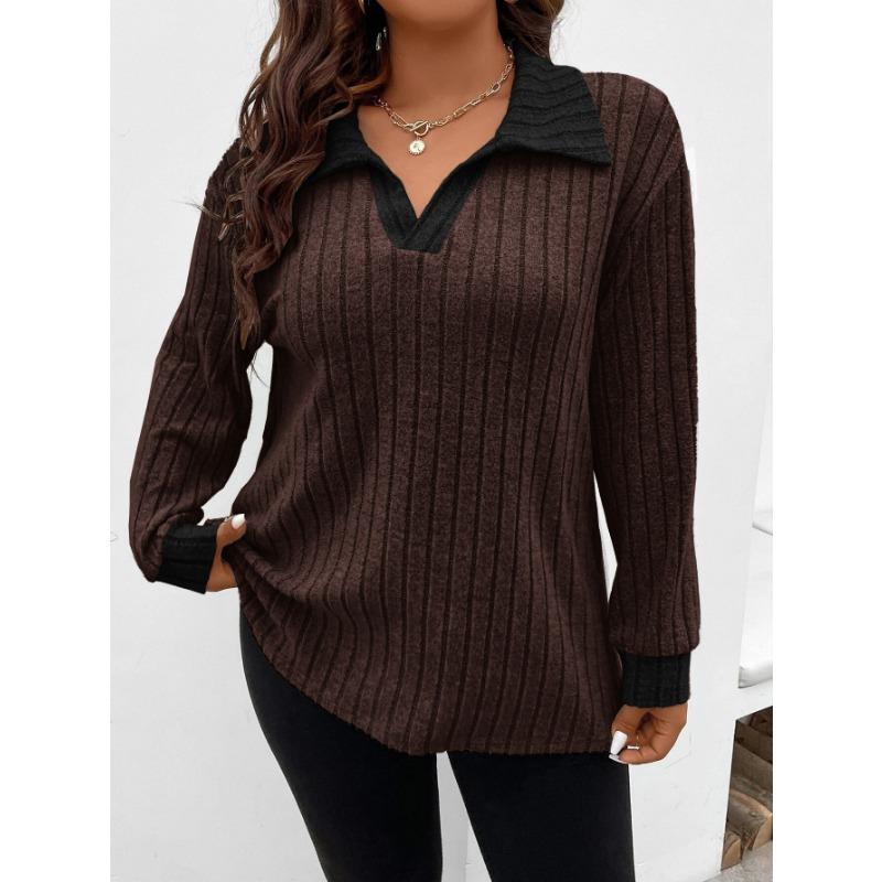 Plus Size Women S Long Sleeve V Neck Solid Knit T Shirt Loose Fit