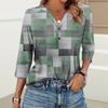 Damenmode Lässig Bedrucktes V-Ausschnitt Knopf Dreiviertelarm T-Shirt Raglanärmel Top