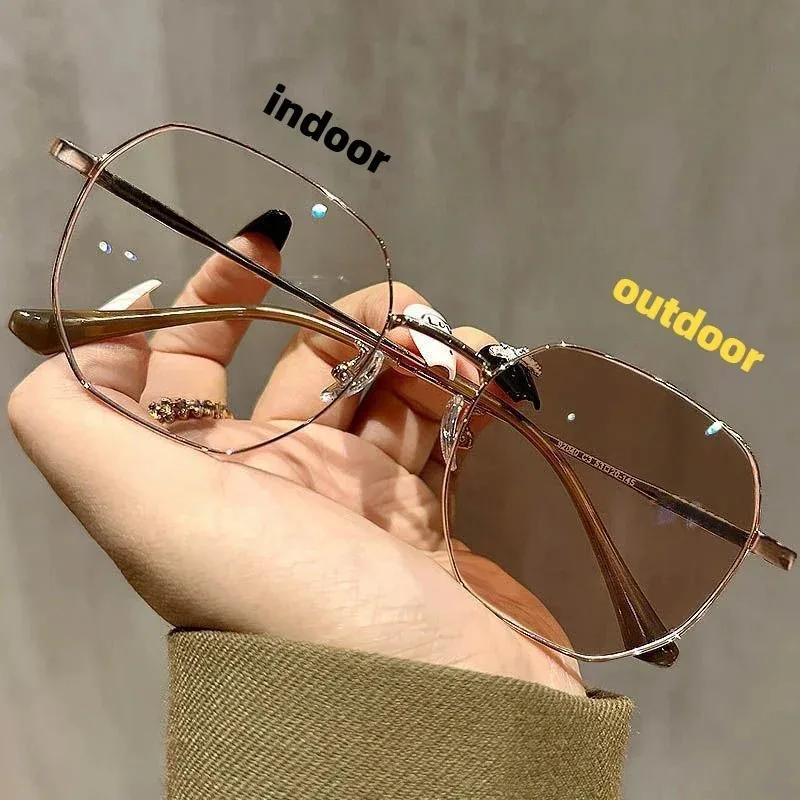 Gold Wire Large Frame Outdoor Smart Sunglasses Photochromic Myopia Glasses Women Men Minus Sight Eyeglasses Degree 0 To -4.0