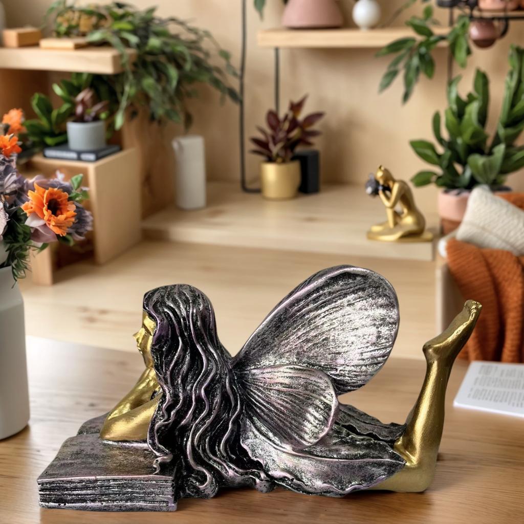 1 Resin Garden Fairy Statue Showing a Fairy Angel Girl Lying on a Book. This Statue Is Specially Designed to Install the Decoration of the Gro