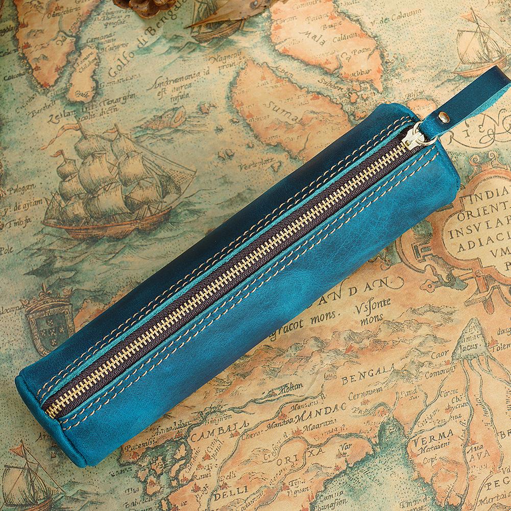 2026 Retro Leather Storage Pencil Bag, First Layer of Crazy Horse Leather Handmade Student Stationery Storage Bag
