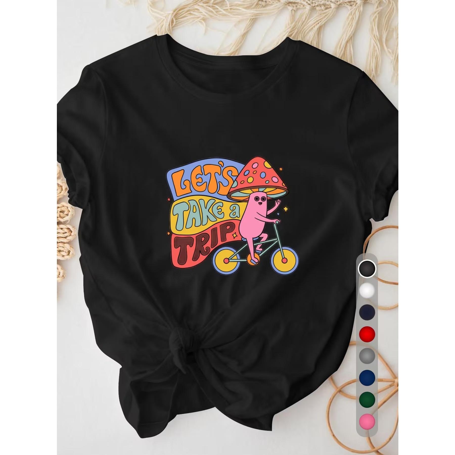 

Women s Let s Take A Trip Whimsical Pink Mushroom & Bicycle Graphic T-Shirt Soft Crew Neck Short Sleeve, Vibrant Green with Multicolor Print XXL