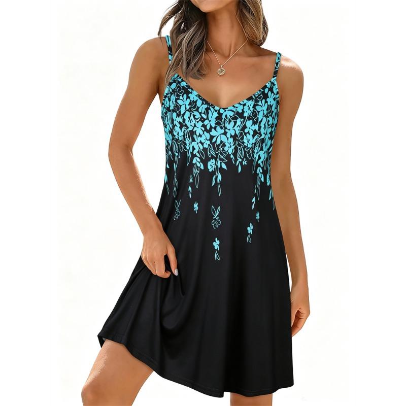 Summer Women's Simple and Elegant Daisy-Print Spaghetti-Strap Dress Round-Neck Fashionable Casual Dress