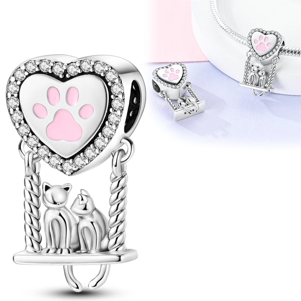 

Charms Plata Cute Cat Swing Heart-Shaped Pendants Fit Original Bracelets Charms For Women Jewelry Diy Making Gifts