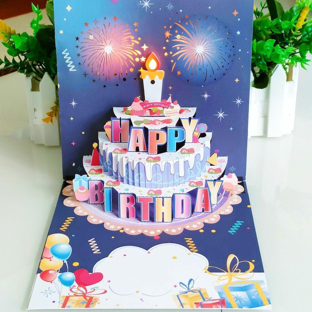Blowable Led Candle Happy Birthday Card Musical and Light Birthday Cake Postcards  Child