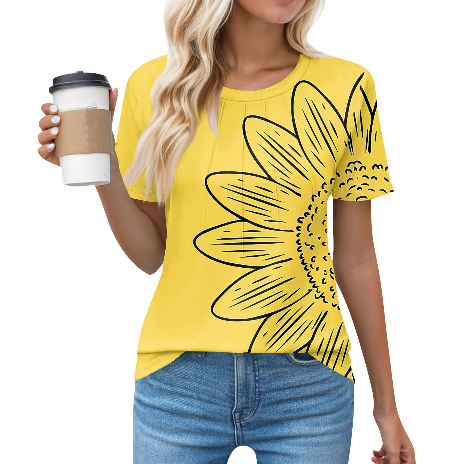 

Футболки для женщин, плиссированные, с круглым вырезом, нарядные, повседневные, блузки с принтом, с коротким рукавом, летние топы, свободный крой XL жёлтый