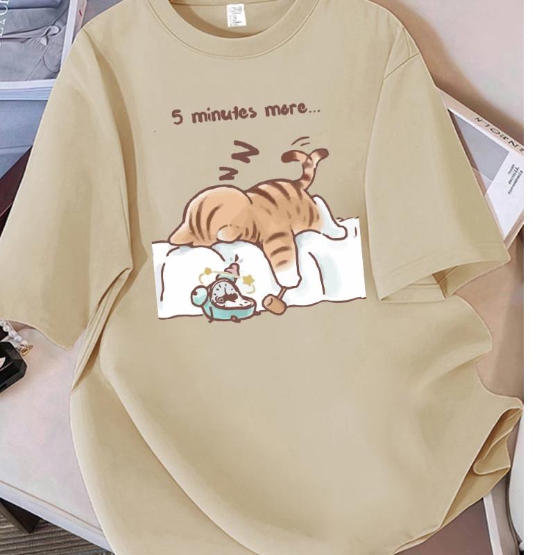 Women T-Shirt Cotton Summer The Cat That Always Wants To Sleep Pattern Prints T Shirt O-Neck Soft Loose Tops Basic Woman Clothes
