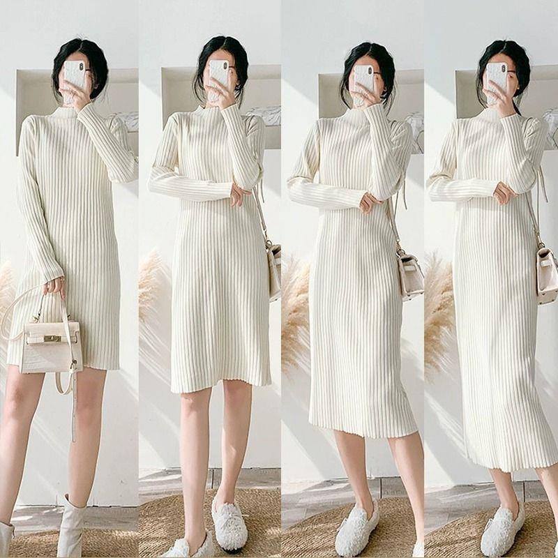 Plus-Size Women's Thickened Winter Long Knitted Wool Dress with Half-High Collar