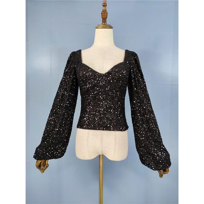 

Export Single GA High Goods 2024 Fall New Arrival Black Paillette Shiny Long Sleeves Street Cool Push-up Tops Black M
