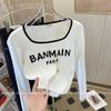 Women's Slim Fit Color-Block Square-Neck Long-Sleeve T-Shirt for Spring/Autumn 2025