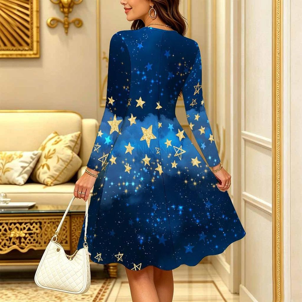Women Long Sleeve Round Neck Midi Dress Vintage Watercolor Plum Blossom Branch Stripe Print Flared Casual Dress