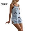 Leichte Damen-Schlafanzüge, 2-teilige ärmellose Trägertop- und Shorts-Sets, Sommer Schmetterlingsdruck Rüschen