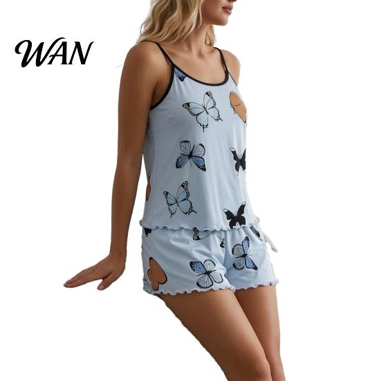 Leichte Damen-Schlafanzüge, 2-teilige ärmellose Trägertop- und Shorts-Sets, Sommer Schmetterlingsdruck Rüschen