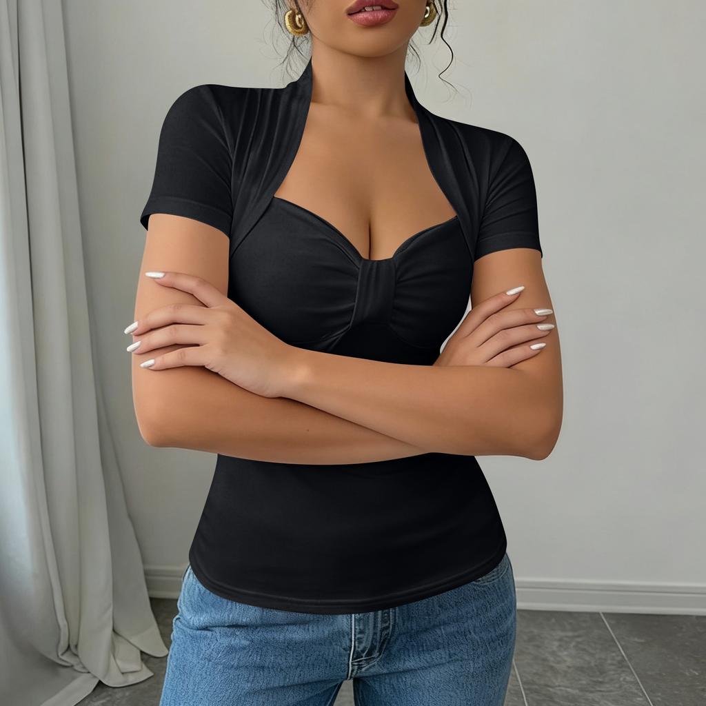 Camiseta de manga corta con cuello en V de color para mujer. Camiseta de capa base.