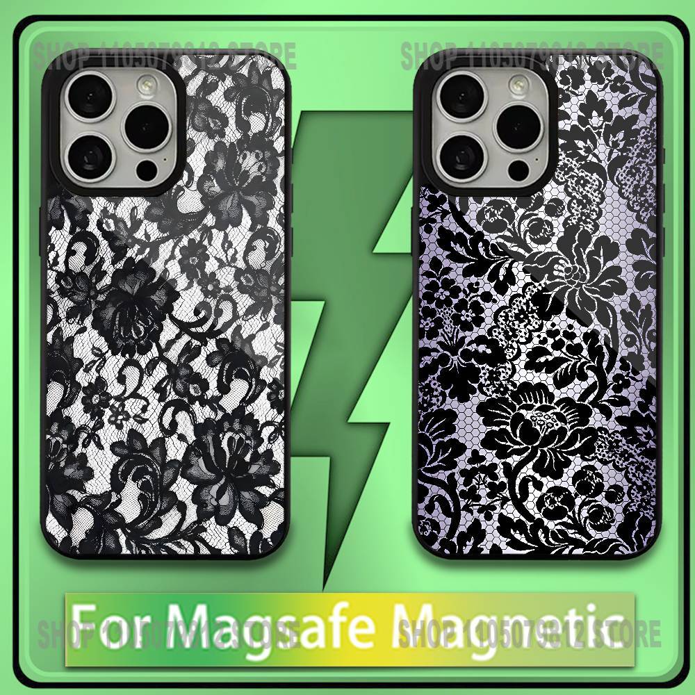 Black lace print New Hot Phone Case For iPhone 16,15,14,13,12,11,Plus,Pro,Max,Mini Soft Magesafe Magnetic Wireless Charge